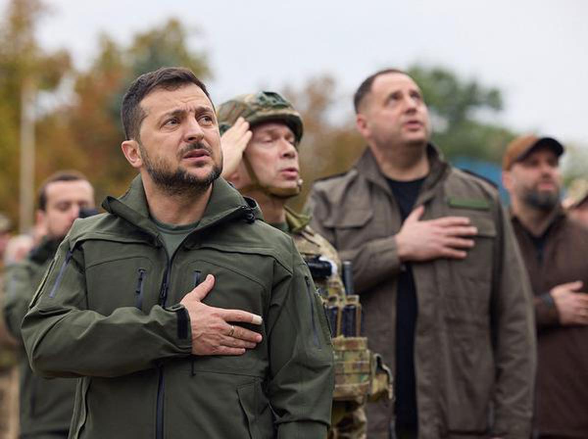 Spirited show: Volodymyr Zelensky at the flag raising in the recaptured city of Izium in Kharkiv on Wednesday. 