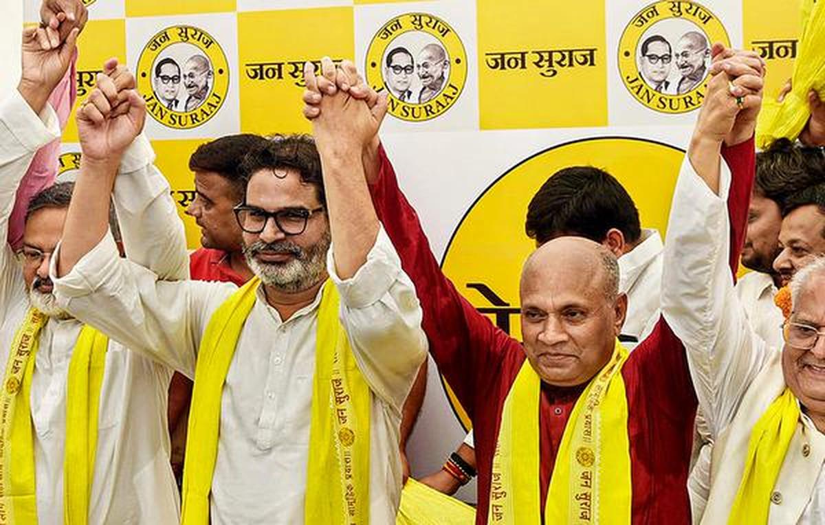 Jan Suraaj Party chief Prashant Kishor with Aap Sabki Awaaz leader R.C.P. Singh during a merger event in Patna on Sunday. Jan Suraaj Party chief Prashant Kishor with Aap Sabki Awaaz leader R.C.P. Singh during a merger event in Patna on Sunday.