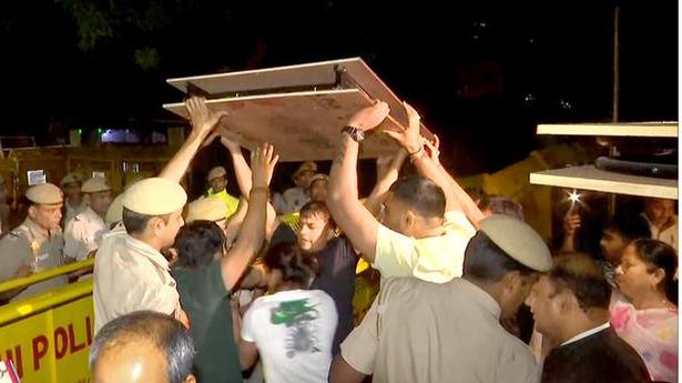 The scene at Jantar Mantar where a scuffle broke out late on Wednesday night between policemen and wrestlers. ANI ANI