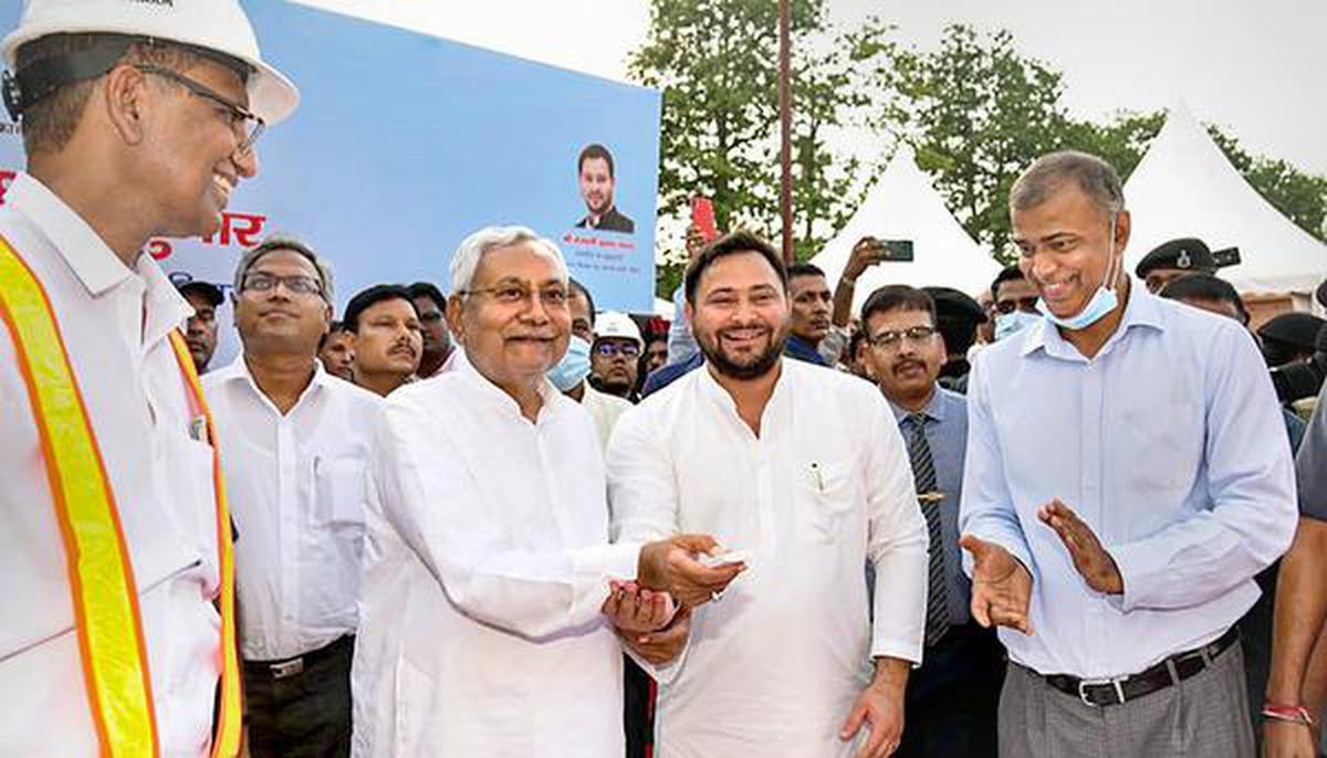 CM Nitish Kumar along with his deputy Tejashwi Yadav laid the foundation stone of metro work in Patna on Thursday.  PTI -