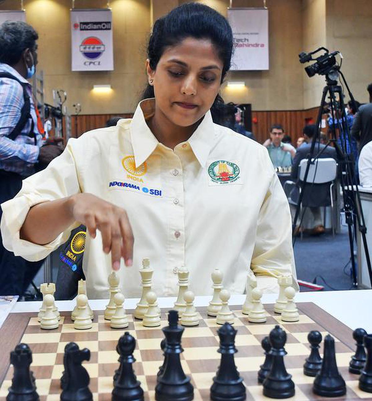 GM Harika Dronavalli of India with the team playing on Day 5 of the 44th Chess Olympiad at Mamallapuram on August 2, 2022.